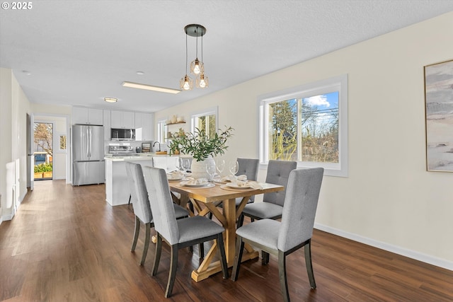 dining space featuring dark hardwood / wood-style flooring, sink, and a textured ceiling