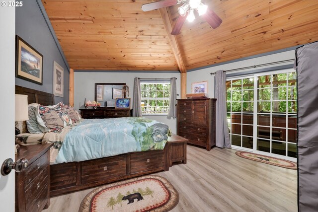 25761 Feather Dr, Veneta, OR 97487 - bedroom featuring wood ceiling, wood finished floors, and ceiling fan