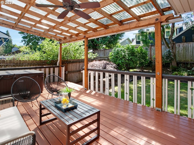 4214 NE Hassalo St, Portland, OR 97213 - wooden terrace featuring a hot tub, a fenced backyard, ceiling fan, and a pergola