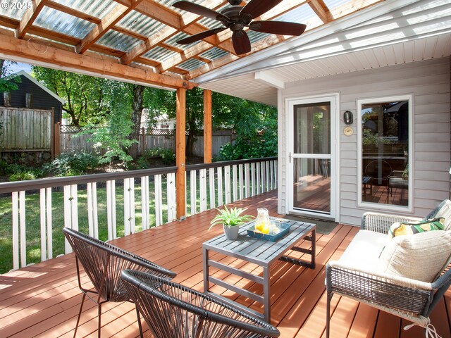 4214 NE Hassalo St, Portland, OR 97213 - wooden deck featuring a fenced backyard and ceiling fan