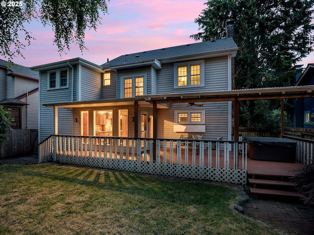 4214 NE Hassalo St, Portland, OR 97213 - back of house featuring a hot tub, a chimney, a wooden deck, and ceiling fan