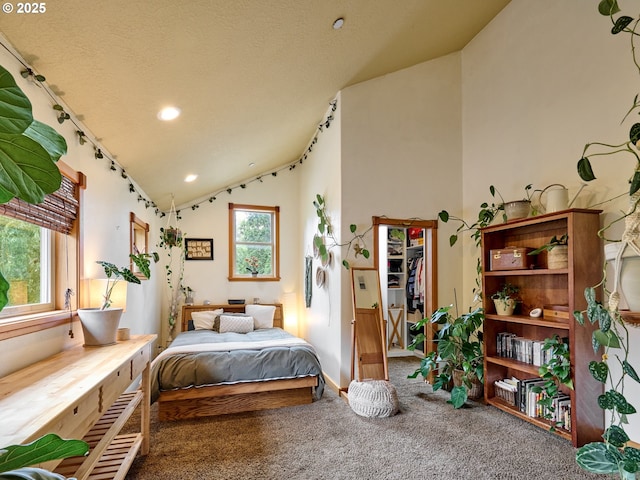111 5th St, Silverton, OR 97381 - carpeted bedroom with lofted ceiling, a walk in closet, recessed lighting, baseboards, and a textured ceiling