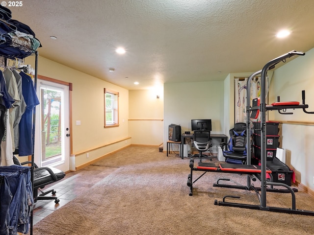 111 5th St, Silverton, OR 97381 - exercise room featuring a textured ceiling, recessed lighting, baseboards, and carpet flooring
