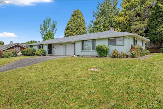 110 N Dean St, Coquille, OR 97423 - ranch-style house with an attached garage, asphalt driveway, a chimney, a front yard, and crawl space