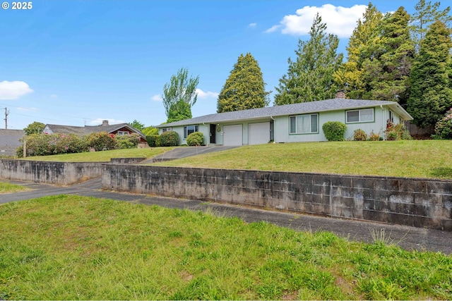 110 N Dean St, Coquille, OR 97423 - single story home featuring a garage, a chimney, driveway, a front yard, and stucco siding
