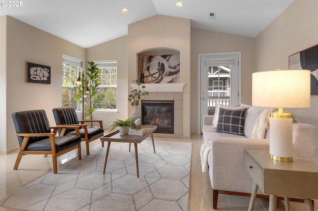 30326 SW Ruth St Unit 58, Wilsonville, OR 97070 - living area featuring recessed lighting, lofted ceiling, visible vents, baseboards, and a fireplace