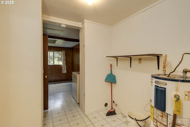 18570 Oakdale Rd, Dallas, OR 97338 - hallway featuring water heater, wooden walls, and attic access