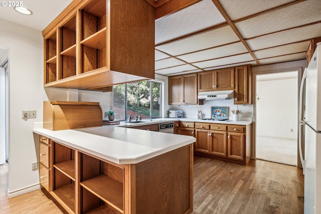 kitchen with light hardwood / wood-style flooring, white appliances, and kitchen peninsula