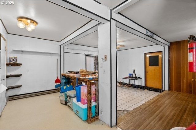 below grade area featuring wooden walls