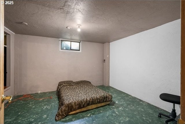interior space featuring a textured ceiling and carpet flooring