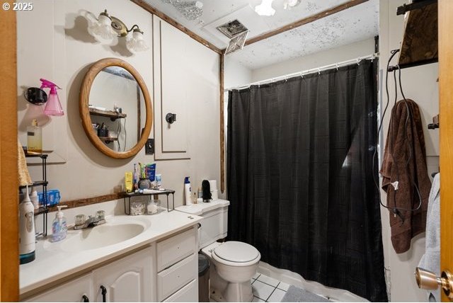 bathroom with tile patterned flooring, toilet, a shower with curtain, and vanity