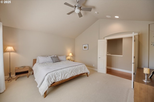 bedroom with carpet flooring, lofted ceiling, baseboards, ceiling fan, and recessed lighting