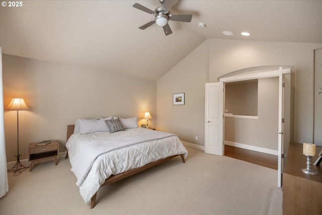 carpeted bedroom with baseboards, lofted ceiling, recessed lighting, and a ceiling fan