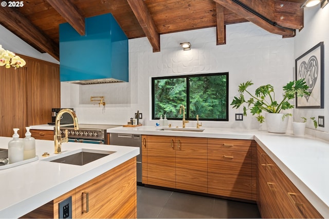 3777 Parkwood Way W, Linn, OR 97068 - kitchen featuring a sink, wooden ceiling, modern cabinets, brown cabinets, and light countertops