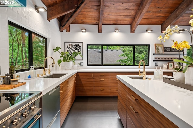 3777 Parkwood Way W, Linn, OR 97068 - kitchen featuring a sink, brown cabinets, stainless steel dishwasher, wooden ceiling, and modern cabinets