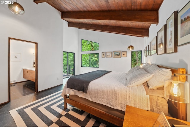 3777 Parkwood Way W, Linn, OR 97068 - bedroom featuring wood ceiling with exposed beams, ensuite bathroom, and high vaulted ceiling