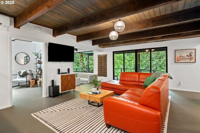 3777 Parkwood Way W, Linn, OR 97068 - living room featuring wooden ceiling with exposed beams, finished concrete floors, baseboards, and an AC wall unit