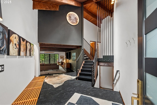 3777 Parkwood Way W, Linn, OR 97068 - entryway featuring high vaulted ceiling, wooden ceiling with exposed beams, and stairs