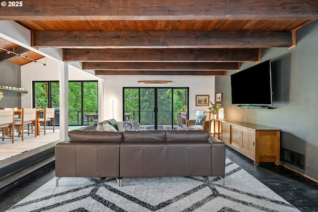 3777 Parkwood Way W, Linn, OR 97068 - living area featuring wood ceiling with exposed beams and concrete flooring