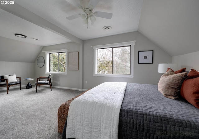 carpeted bedroom with a ceiling fan, baseboards, visible vents, lofted ceiling, and a textured ceiling