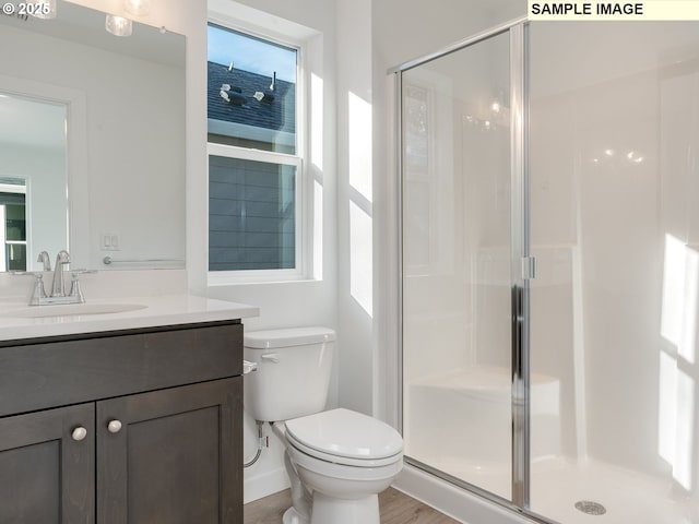 full bathroom with a stall shower, vanity, and toilet