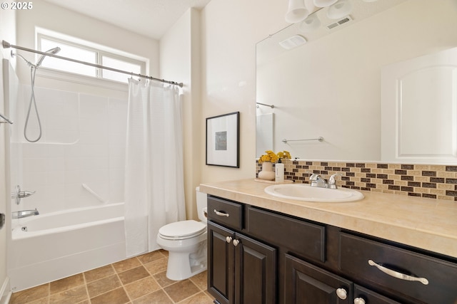 full bath featuring vanity, visible vents, toilet, shower / tub combo, and backsplash