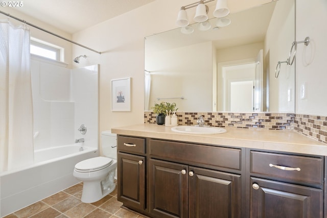 bathroom with toilet, tasteful backsplash, shower / bathtub combination with curtain, and vanity