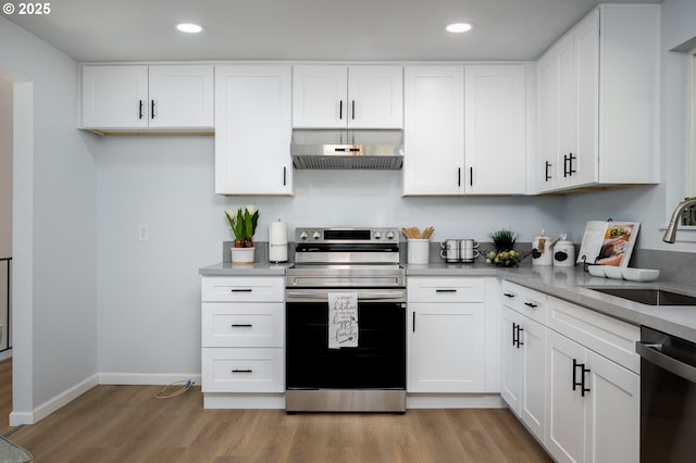 kitchen featuring appliances with stainless steel finishes, a sink, under cabinet range hood, and light wood-style flooring