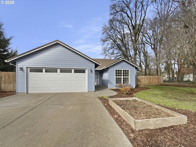 single story home featuring a garage, driveway, fence, and a front lawn