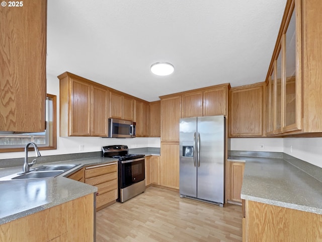 kitchen with appliances with stainless steel finishes, glass insert cabinets, a sink, and light wood-style flooring