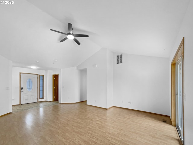 empty room with a ceiling fan, visible vents, and light wood-style floors