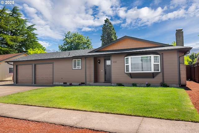 4260 Murnane St, Eugene, OR 97402 - ranch-style home featuring a garage, a chimney, fence, concrete driveway, and a front yard