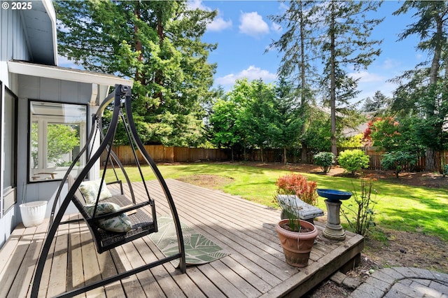 deck featuring a lawn and a fenced backyard