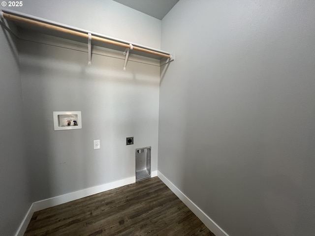 laundry room with dark wood-style flooring, baseboards, washer hookup, electric dryer hookup, and laundry area