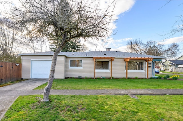 single story home featuring a front yard, fence, a chimney, concrete driveway, and a garage