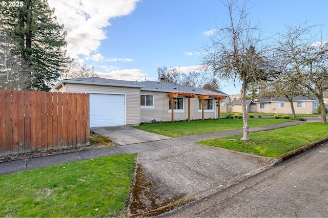 single story home with a garage, concrete driveway, a front lawn, and fence