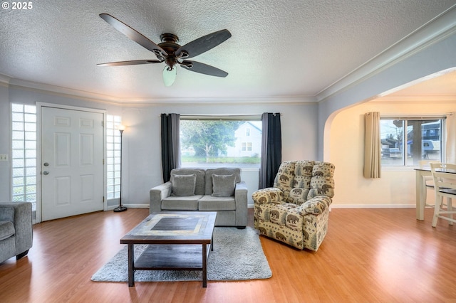 living room featuring ornamental molding, a textured ceiling, baseboards, and wood finished floors