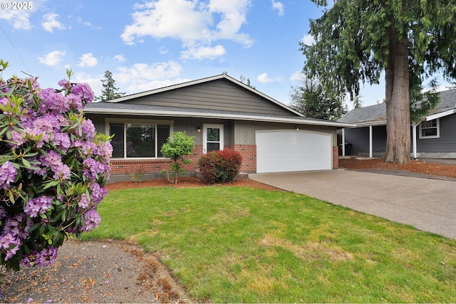 702 Brighton Ave, Oregon City, OR 97045 - ranch-style home featuring brick siding, a garage, a front yard, concrete driveway, and a shingled roof