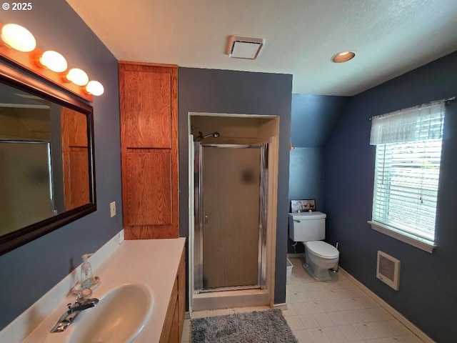 full bath with vanity, baseboards, toilet, and a shower stall