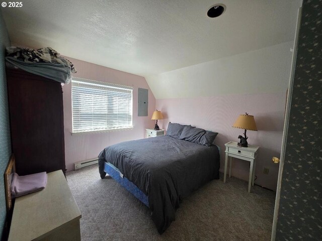 carpeted bedroom featuring a textured ceiling, a baseboard heating unit, vaulted ceiling, and electric panel