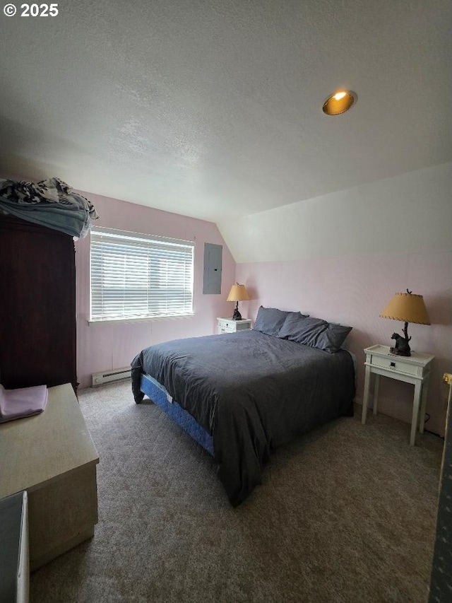 bedroom featuring carpet flooring, a textured ceiling, vaulted ceiling, a baseboard heating unit, and electric panel
