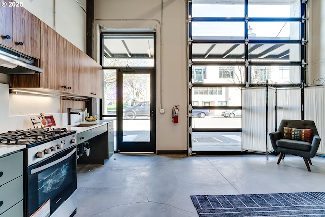 interior space featuring stainless steel gas range and sink