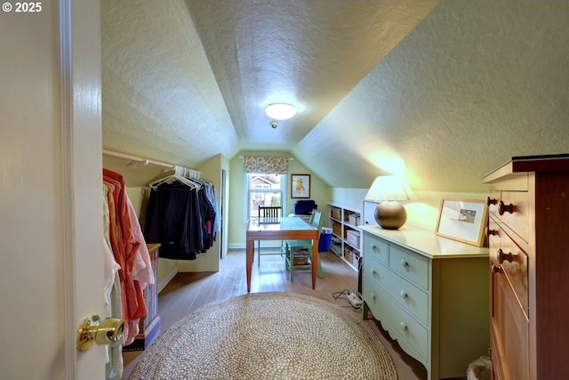 interior space with vaulted ceiling and a textured ceiling