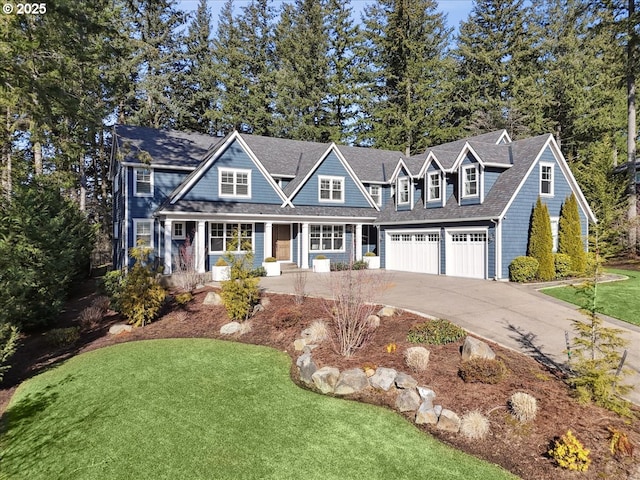 shingle-style home with an attached garage, a front lawn, roof with shingles, covered porch, and driveway