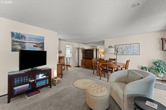 carpeted living area featuring a textured ceiling