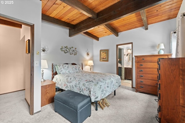 bedroom with carpet flooring, beamed ceiling, and wooden ceiling