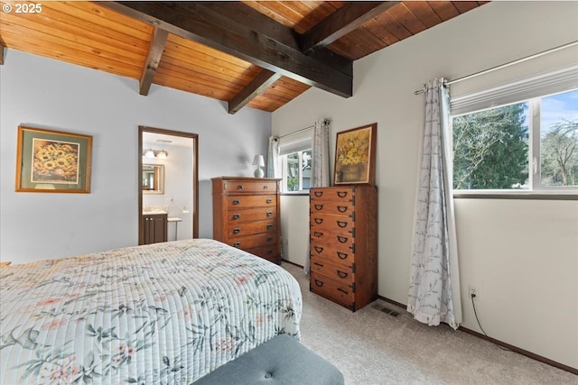 carpeted bedroom featuring ensuite bath, vaulted ceiling with beams, wood ceiling, and visible vents