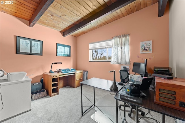 office space with vaulted ceiling with beams, wood ceiling, and light carpet