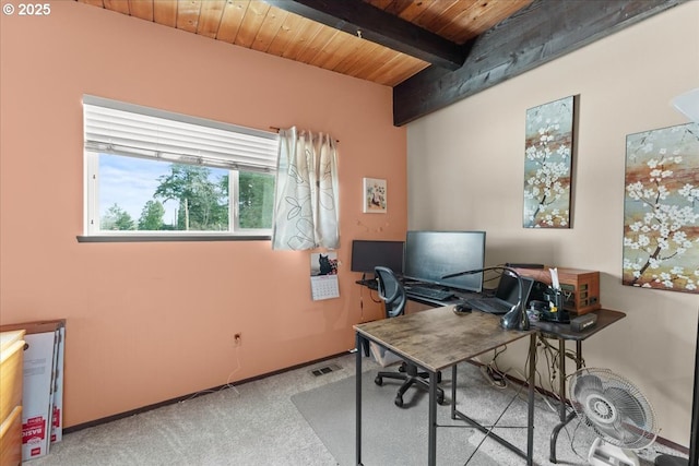 carpeted office space featuring beam ceiling, wood ceiling, visible vents, and baseboards