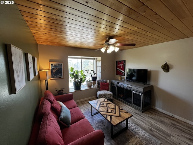 475 Burnham Ave, Maupin, OR 97037 - living area with wooden ceiling, wood finished floors, baseboards, and a ceiling fan